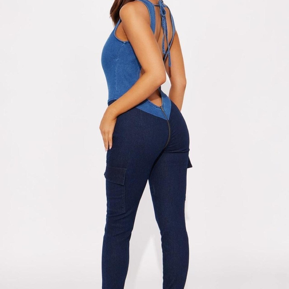 Fashion Nova Two Tone Blue Denim Jumpsuit Cargo Pockets Open Back Small